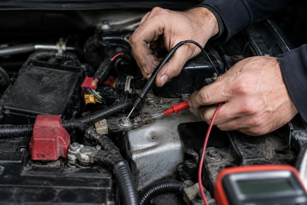 Pemeriksaan grounding dan kabel elektrik kereta untuk masalah bunyi tik tik