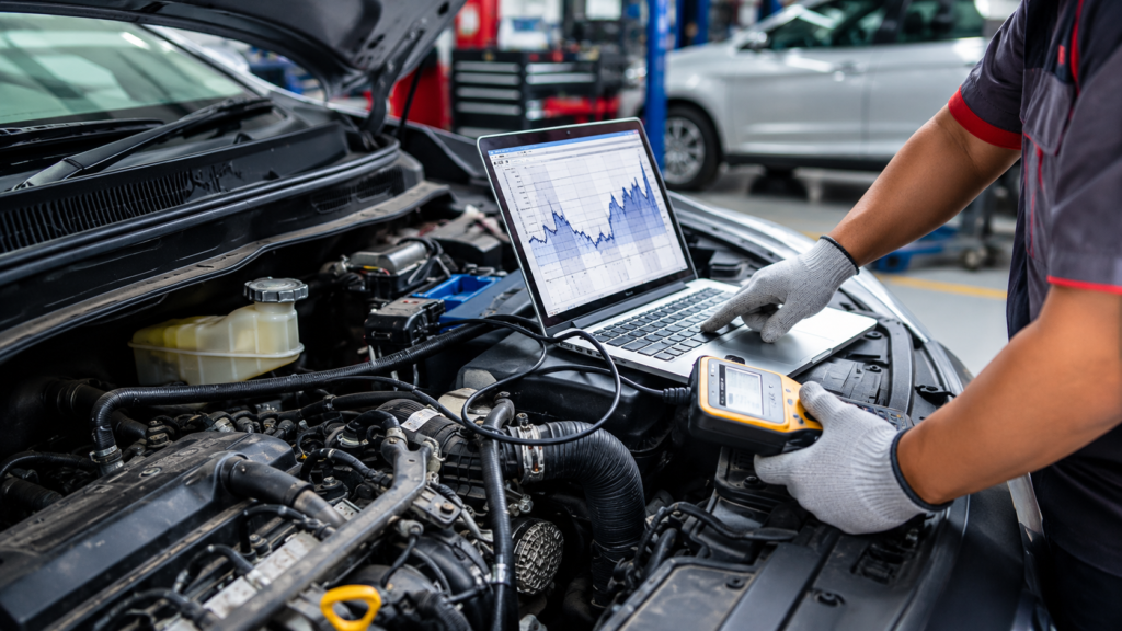 Pemeriksaan masalah kereta semput menggunakan peralatan diagnostik di bengkel automotif