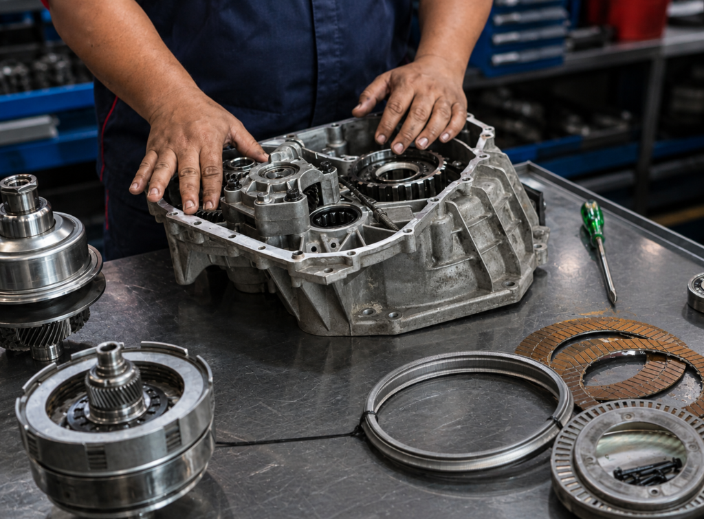 Pemeriksaan komponen dalaman gearbox automatik semasa proses diagnosis masalah gear tidak masuk