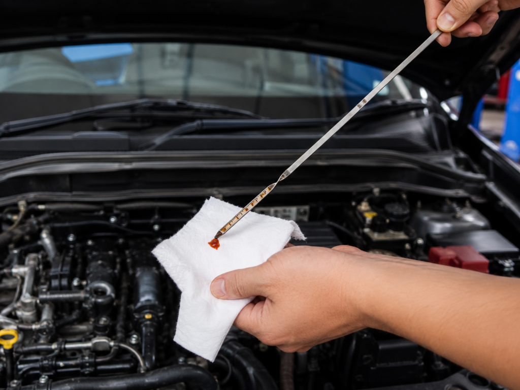 Pemeriksaan minyak gearbox automatik menggunakan dipstick sebagai sebahagian daripada penjagaan kereta auto