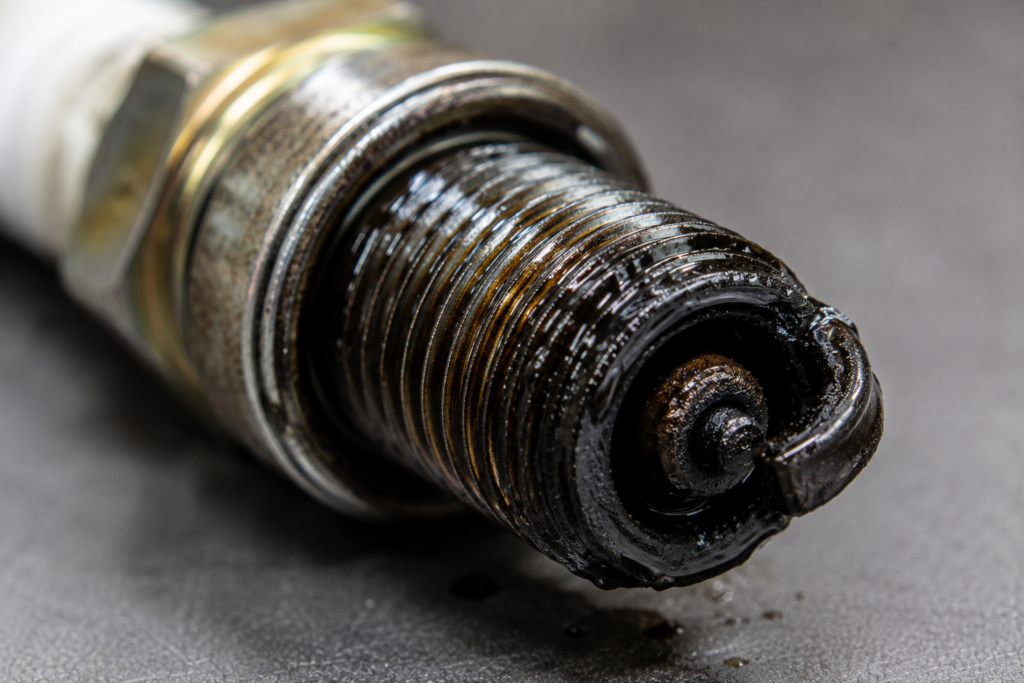 Spark plug berminyak yang menunjukkan kemungkinan masalah enjin
