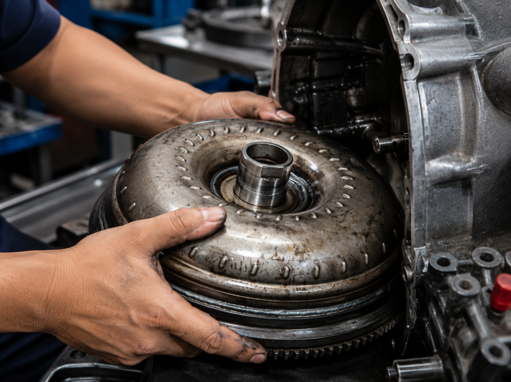 Torque converter gearbox automatik yang diperiksa semasa diagnosis masalah gear tidak masuk atau kereta tidak bergerak