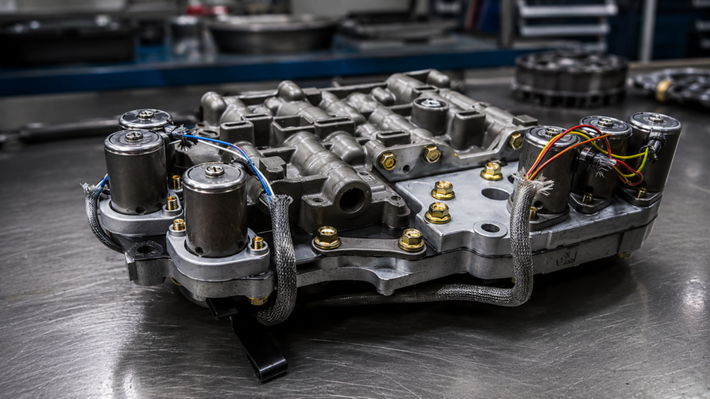 Valve body dan solenoid gearbox automatik yang diperiksa semasa proses diagnosis masalah gear tidak masuk